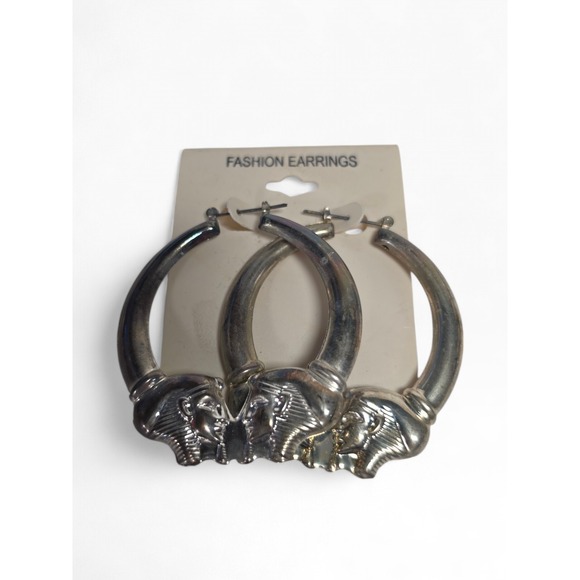 The Unbranded Brand Jewelry - NEW Vintage Egyptian Pharaoh Head Hoop Earrings Silver Tone Tut Mask CARD NOS
